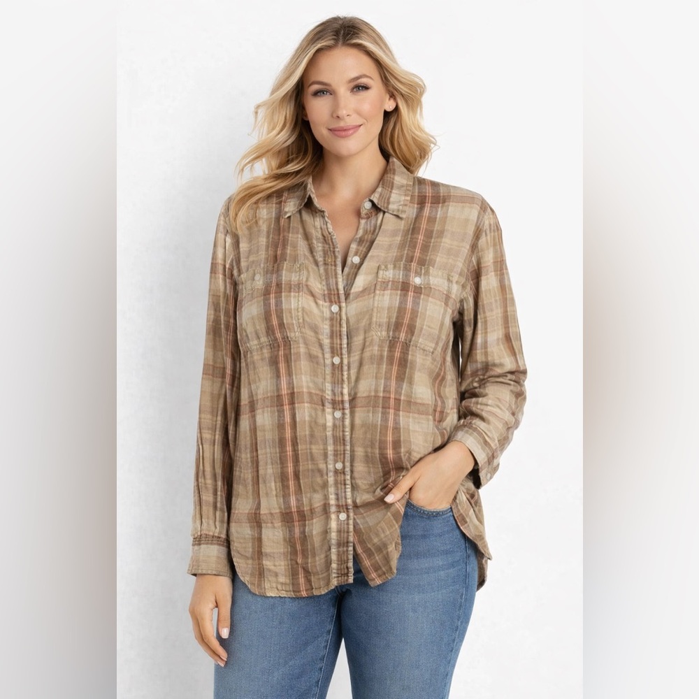 Lauren Ralph Lauren Womens Linen Shirt XL Brown Stripe Blouse Top Long Sβ¦